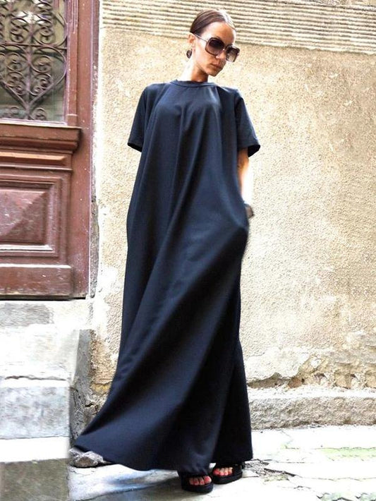 Organic navy dresses short sleeve large hem cotton spring Dresses - SooLinen