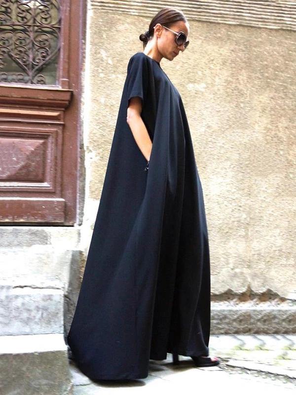 Organic navy dresses short sleeve large hem cotton spring Dresses - SooLinen