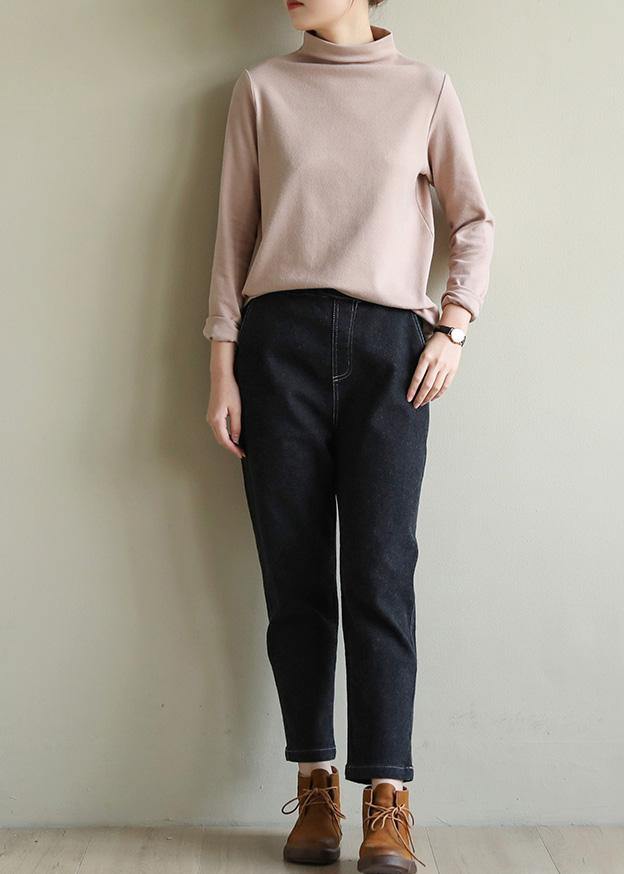 Organic nude cotton clothes half high neck Art spring blouse - SooLinen