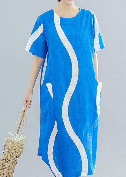 Organic o neck asymmetric cotton tunic top Runway blue striped Art Dresses summer - SooLinen