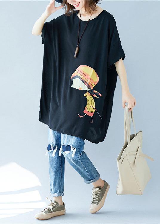 Organic o neck asymmetric linen summer Tunic Shirts black Dress - SooLinen