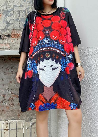 Organic o neck baggy dresses Neckline black print Dress - SooLinen