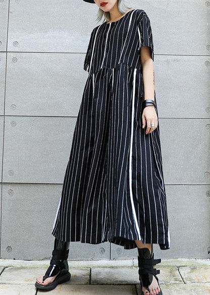 Organic o neck cotton clothes Sleeve black striped Robe Dresses summer - SooLinen