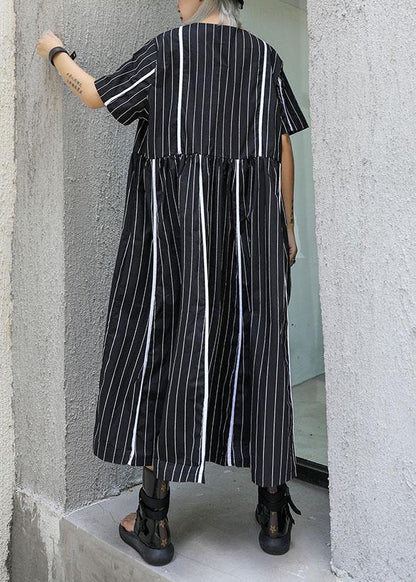 Organic o neck cotton clothes Sleeve black striped Robe Dresses summer - SooLinen