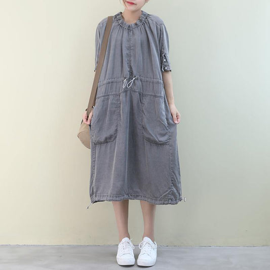 Organic o neck drawstring summer Tunics design green Dresses - SooLinen