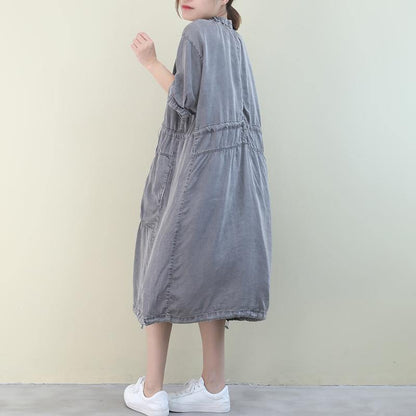 Organic o neck drawstring summer Tunics design green Dresses - SooLinen