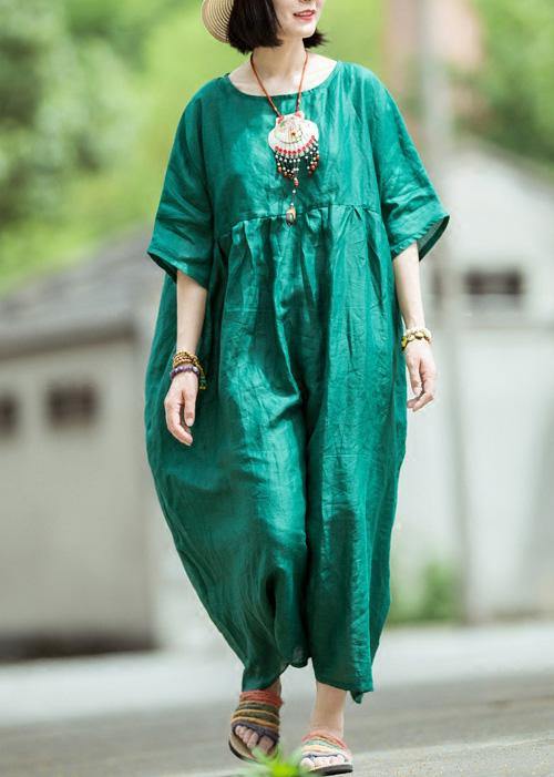 Organic o neck large hem linen dress blackish green Dress summer - SooLinen