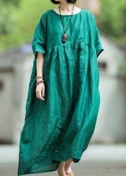 Organic o neck large hem linen dress blackish green Dress summer - SooLinen