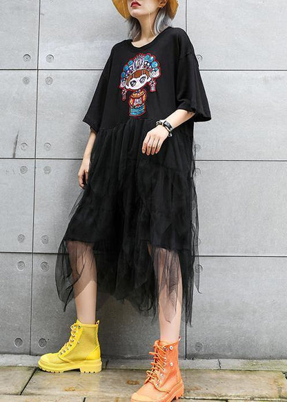 Organic o neck patchwork asymmetric cotton dresses black print Plus Size Dress summer - SooLinen