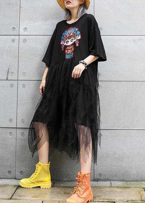 Organic o neck patchwork asymmetric cotton dresses black print Plus Size Dress summer - SooLinen