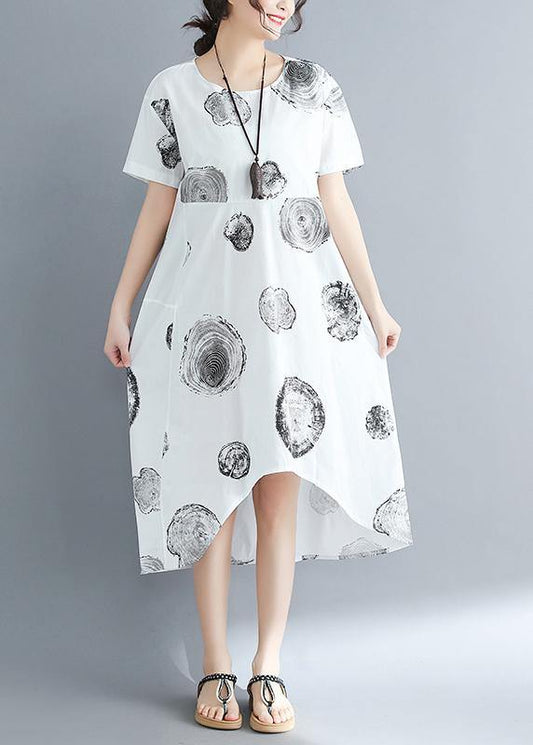 Organic o neck patchwork cotton linen dresses Casual Shirts white dotted Art Dresses Summer - SooLinen