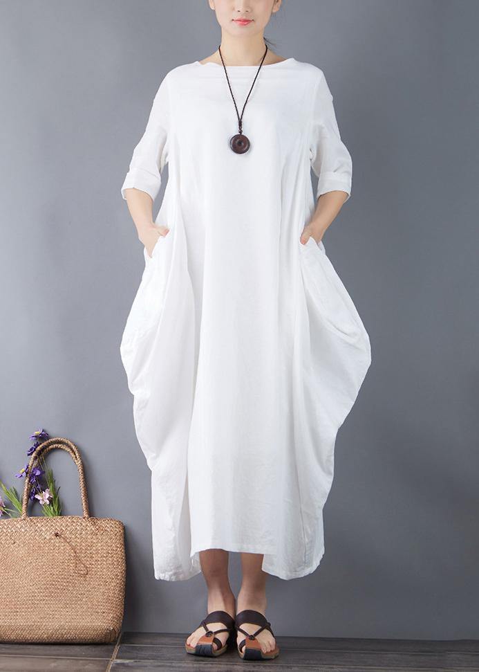 Organic o neck patchwork linen clothes For Women Shape white Dress summer - SooLinen