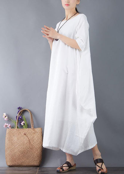Organic o neck patchwork linen clothes For Women Shape white Dress summer - SooLinen