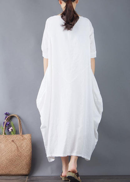 Organic o neck patchwork linen clothes For Women Shape white Dress summer - SooLinen