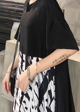 Organic o neck patchwork summer dresses Catwalk black print Art Dress - SooLinen