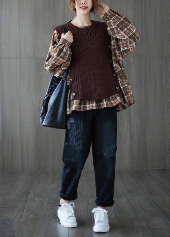 Organic o neck patchwork top silhouette design khaki shirt - SooLinen