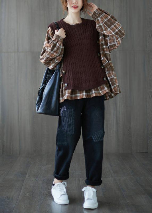 Organic o neck patchwork top silhouette design khaki shirt - SooLinen