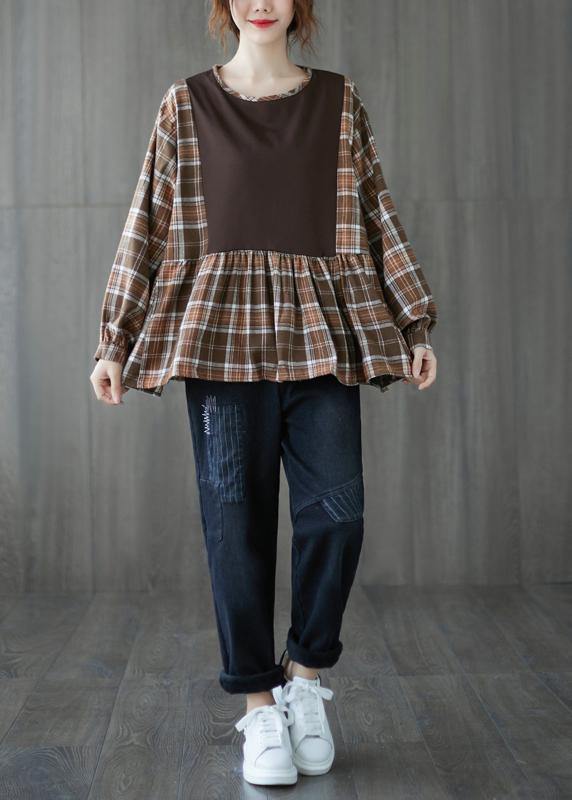 Organic o neck patchwork top silhouette design khaki shirt - SooLinen