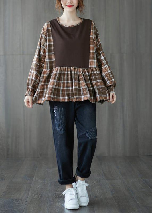 Organic o neck patchwork top silhouette design khaki shirt - SooLinen