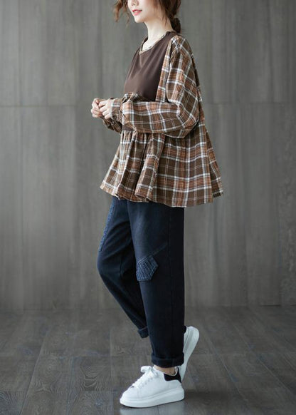 Organic o neck patchwork top silhouette design khaki shirt - SooLinen