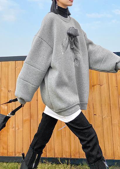 Organic o neck spring Blouse gray Cartoon animation loose tops - SooLinen