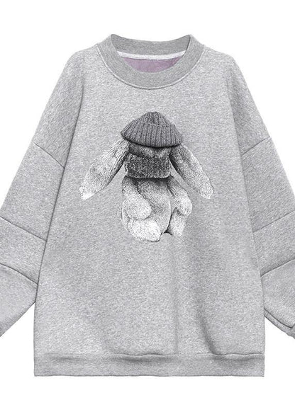 Organic o neck spring Blouse gray Cartoon animation loose tops - SooLinen