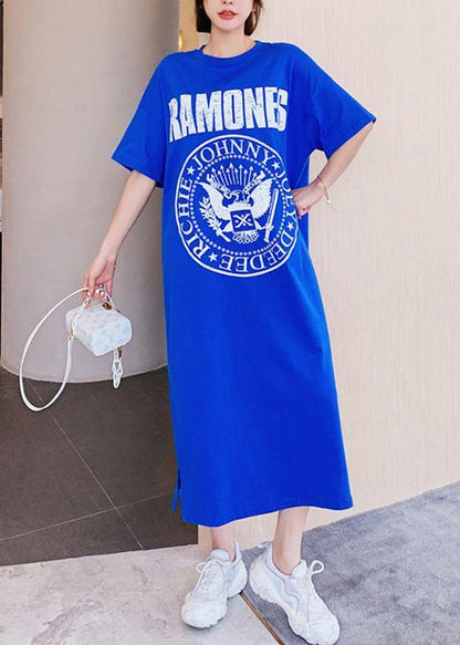 Organic o neck summer Tunics Catwalk blue Letter long Dress - SooLinen