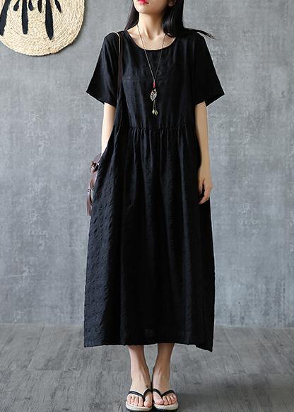 Organic o neck Cinched linen cotton clothes For Women Sleeve black Dress summer - SooLinen