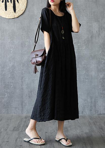 Organic o neck Cinched linen cotton clothes For Women Sleeve black Dress summer - SooLinen