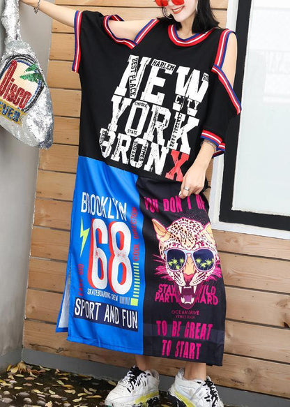 Organic patchwork color cotton dresses Wardrobes black side open Dress summer - SooLinen