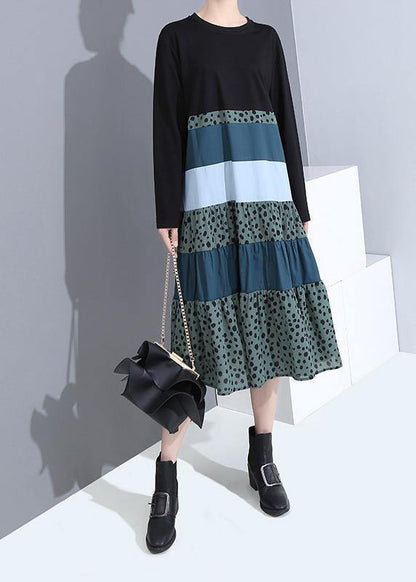 Organic patchwork cotton long sleeve clothes Women Shape black cotton Dress - SooLinen
