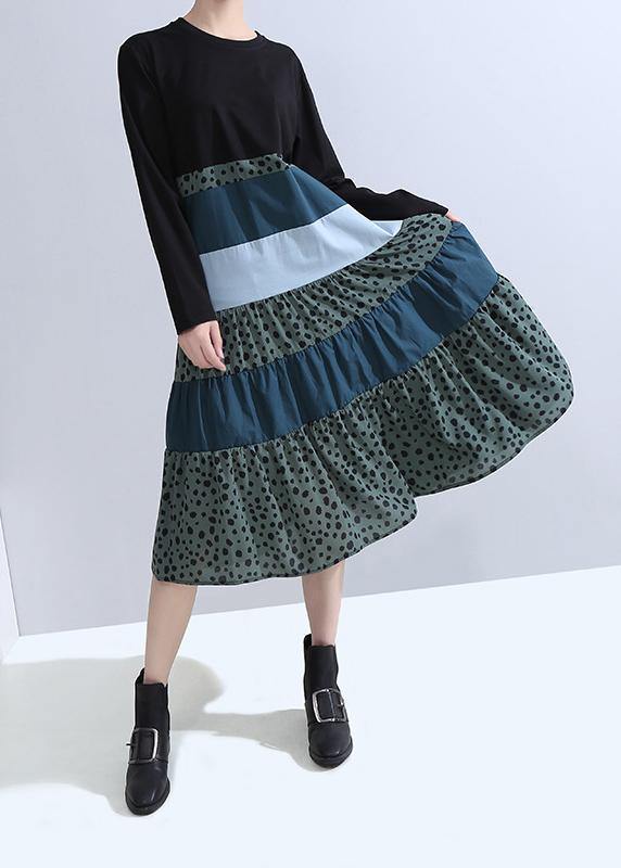 Organic patchwork cotton long sleeve clothes Women Shape black cotton Dress - SooLinen