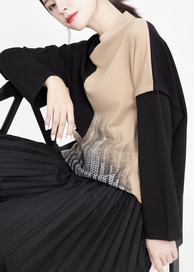 Organic patchwork cotton prints blouses for women Tunic Tops khaki top - SooLinen