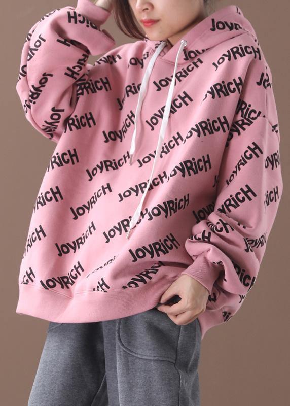 Organic pink alphabet prints cotton crane tops drawstring loose hooded shirt - SooLinen