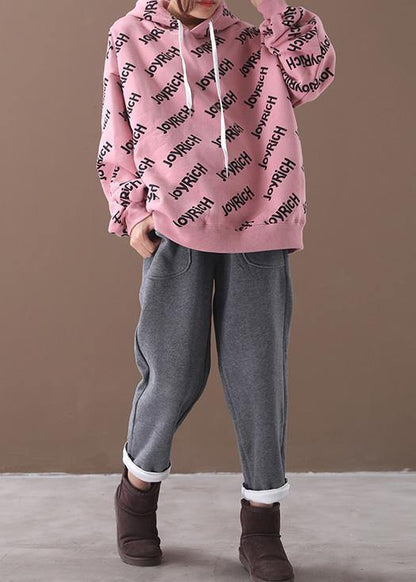 Organic pink alphabet prints cotton crane tops drawstring loose hooded shirt - SooLinen