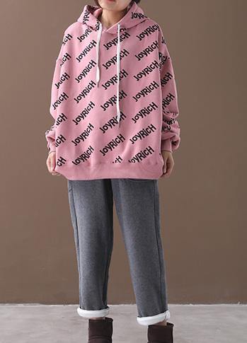 Organic pink alphabet prints cotton crane tops drawstring loose hooded shirt - SooLinen
