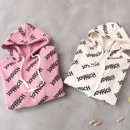 Organic pink alphabet prints cotton crane tops drawstring loose hooded shirt - SooLinen