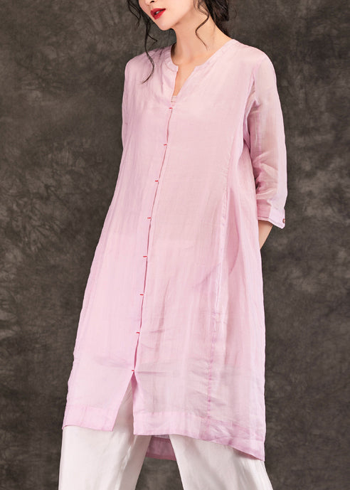 Bio-Leinen-Roben in Rosa, feine Ärmel, Rundhalsausschnitt, Halbarm, A-Linie, Sommerkleid