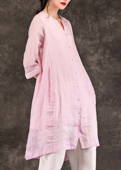 Bio-Leinen-Roben in Rosa, feine Ärmel, Rundhalsausschnitt, Halbarm, A-Linie, Sommerkleid