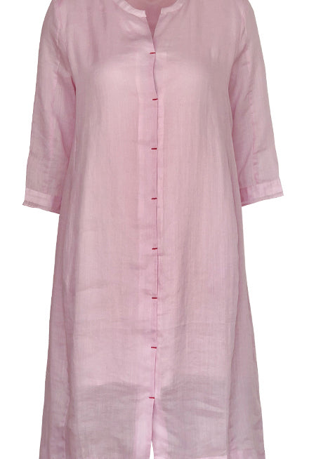 Bio-Leinen-Roben in Rosa, feine Ärmel, Rundhalsausschnitt, Halbarm, A-Linie, Sommerkleid