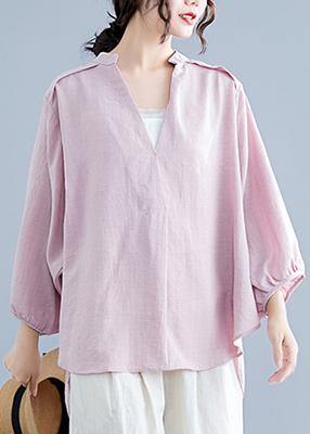 Organic pink linen cotton clothes For Women Shirts v neck batwing sleeve summer top - SooLinen