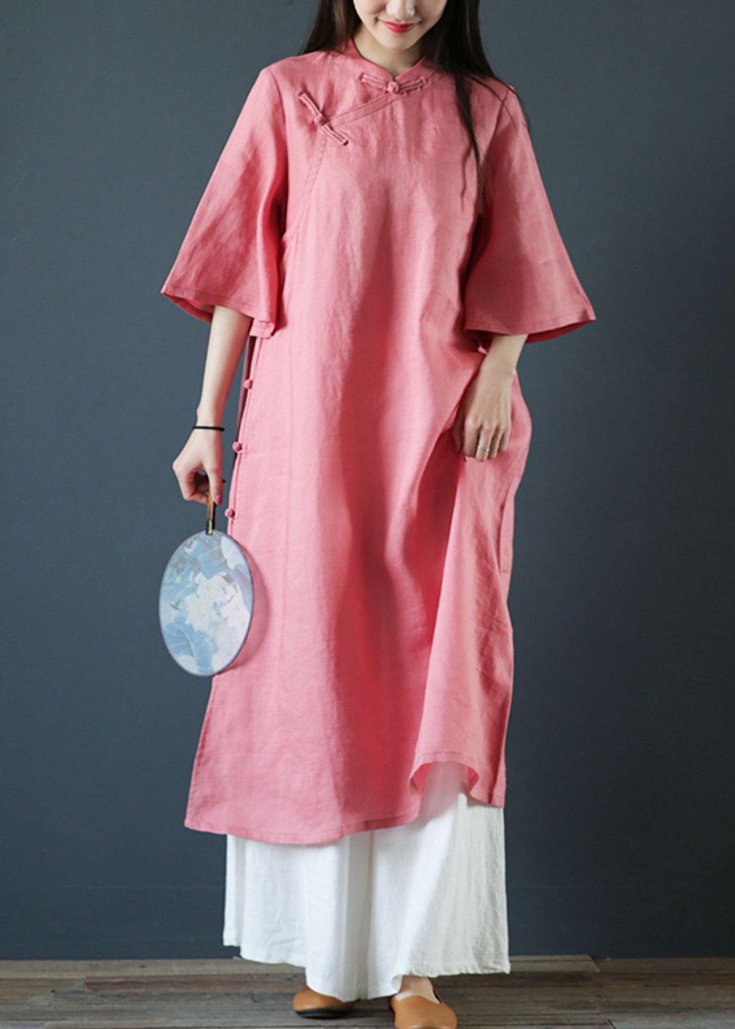 Organic pink linen dresses stand collar Chinese Button Plus Size Dress - SooLinen