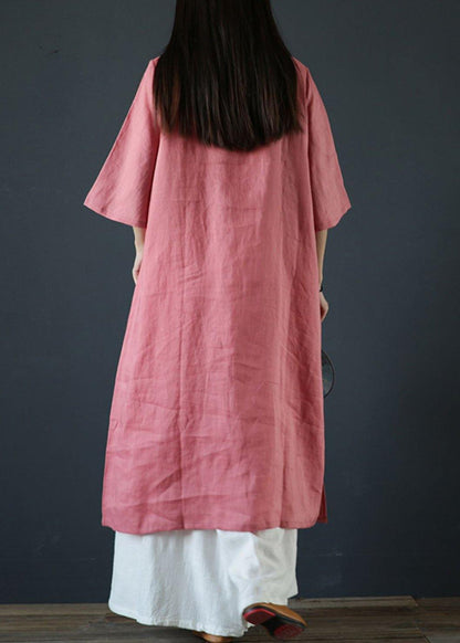 Organic pink linen dresses stand collar Chinese Button Plus Size Dress - SooLinen