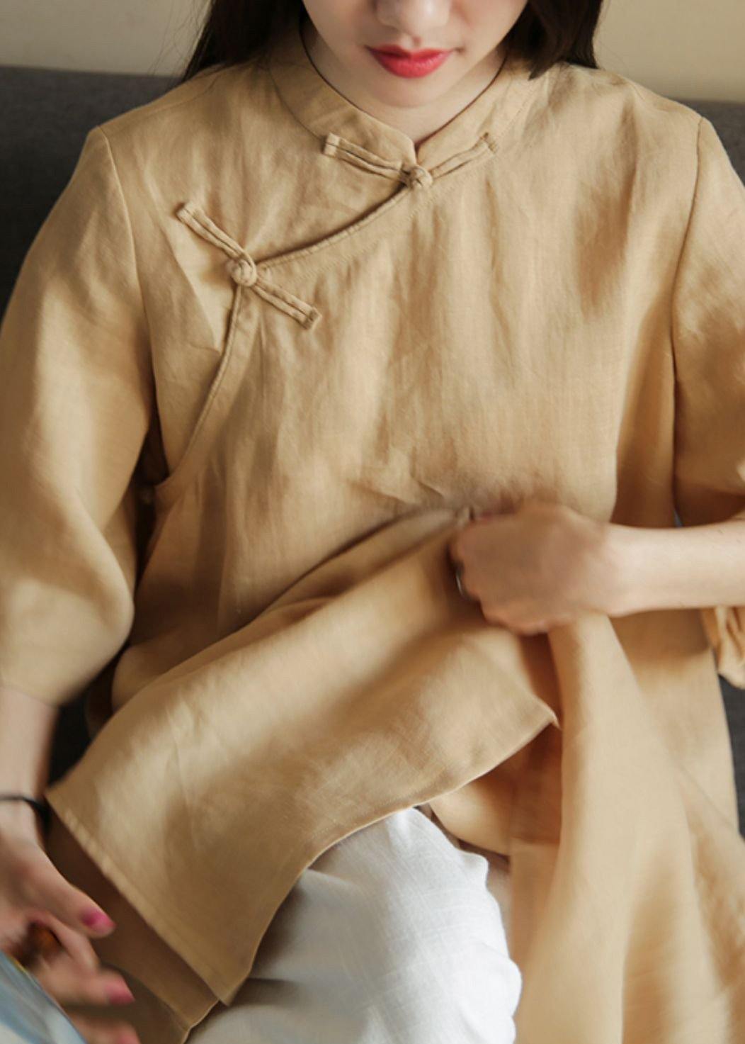 Organic pink linen dresses stand collar Chinese Button Plus Size Dress - SooLinen