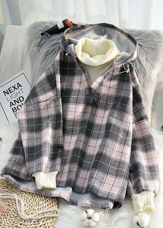 Organic pink plaid cotton linen tops women blouses hooded tunic v neck blouses - SooLinen