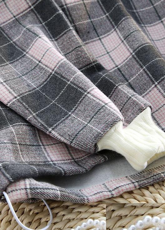 Organic pink plaid cotton linen tops women blouses hooded tunic v neck blouses - SooLinen