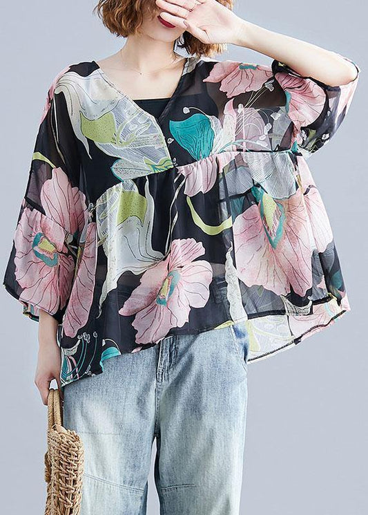 Organic print tops women o neck Petal Sleeve tunic blouse - SooLinen