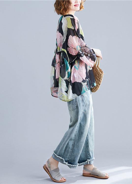 Organic print tops women o neck Petal Sleeve tunic blouse - SooLinen