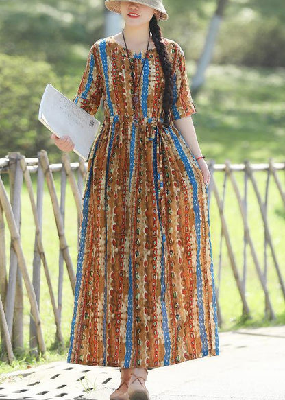 Organic prints cotton linen quilting dresses Shape yellow  Kaftan Dresses summer - SooLinen