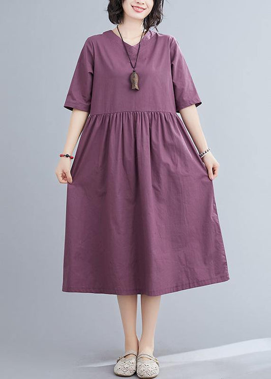 Organic purple linen cotton clothes For Women v neck long summer Dresses - SooLinen